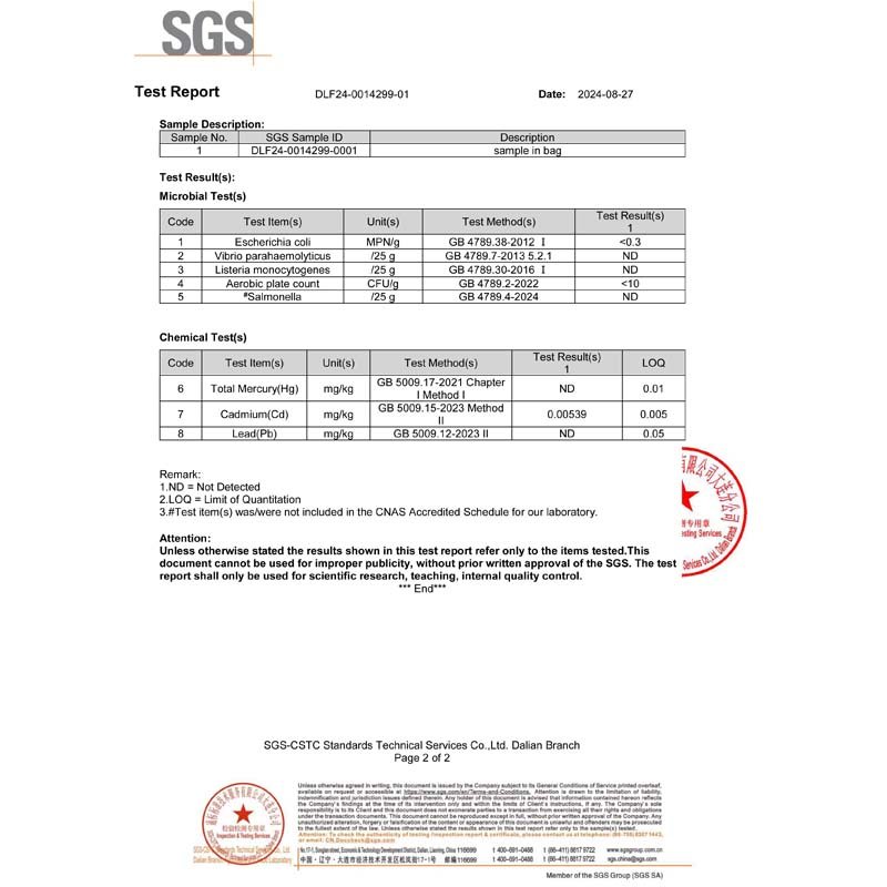 Third-party laboratory test report sample for seafood quality control